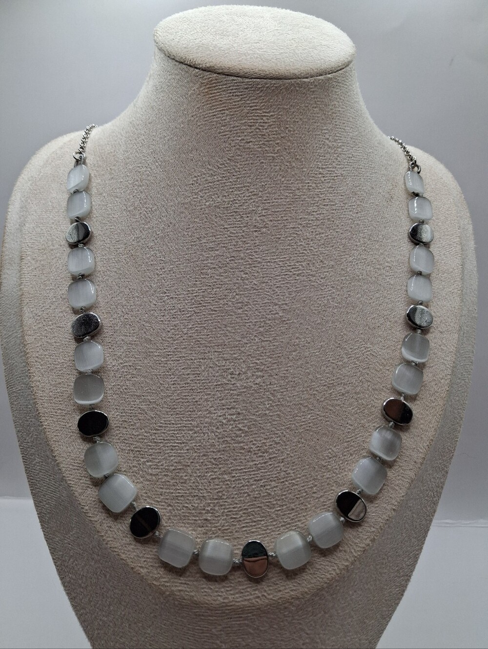 Talbots Gray Glass Bead Necklace, Silver Tone Cable Chain, Adjustable 15.5"-18"